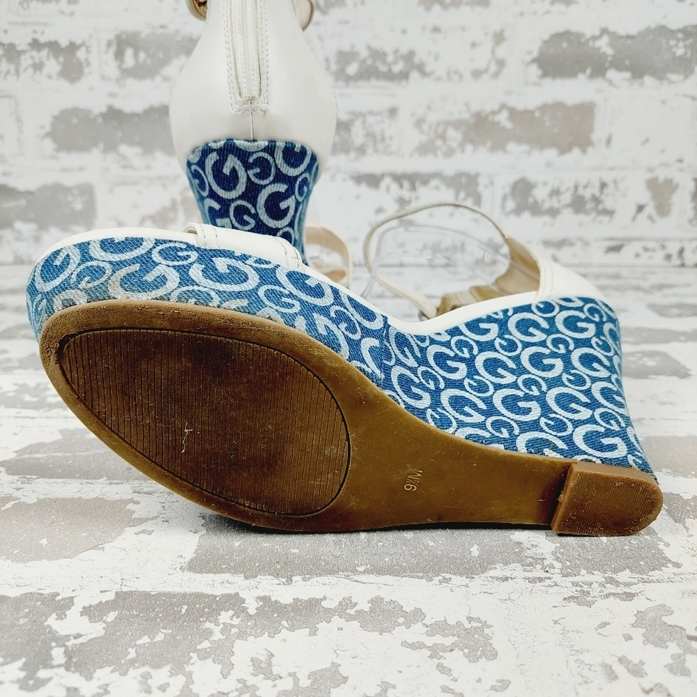 Guess Womens Donny Shoes White Blue Signature Logo Wedge Platform Sandals D54 - Picture 8 of 15